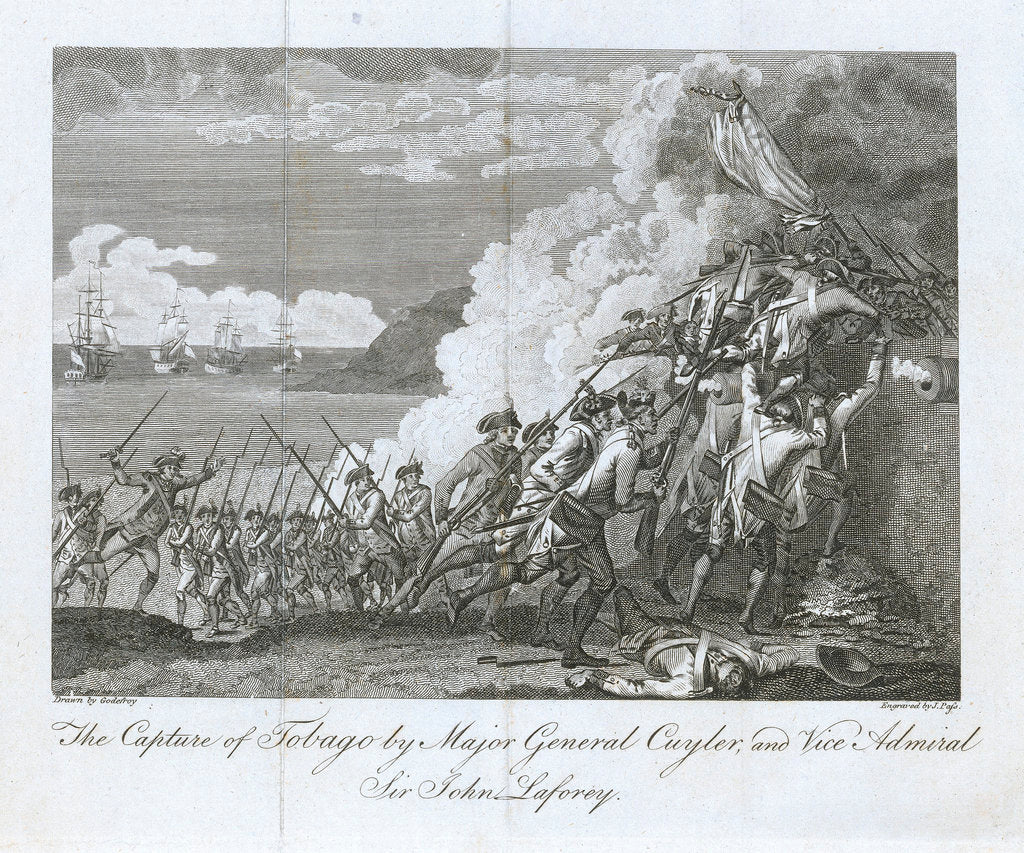 Detail of The capture of Tobago by Major General Cuyler, and Vice Admiral Sir John Laforey by Godefroy