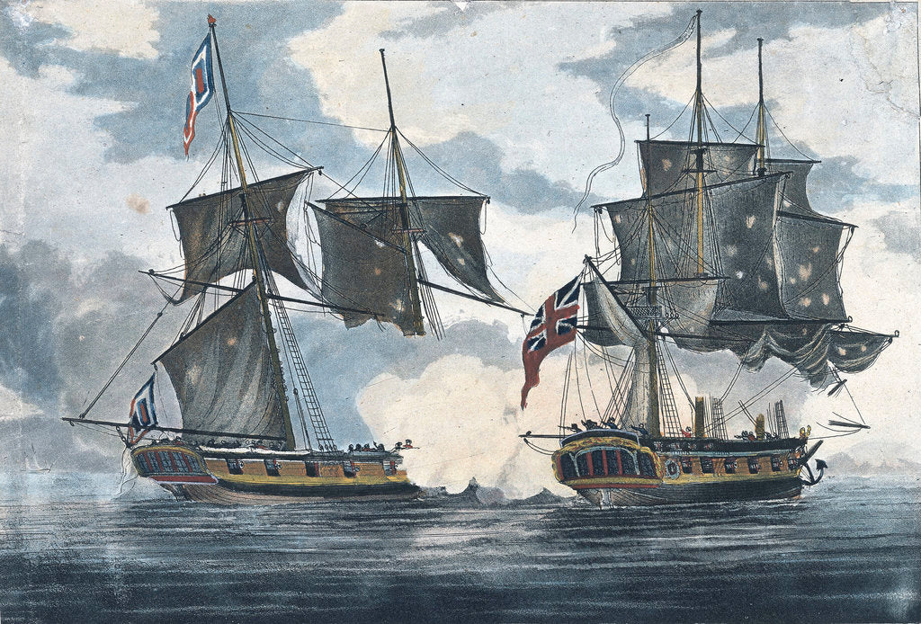 Detail of The 'Antilope Packet' beating off 'Le Atalante' a French privateer in the West Indies by William Elmes