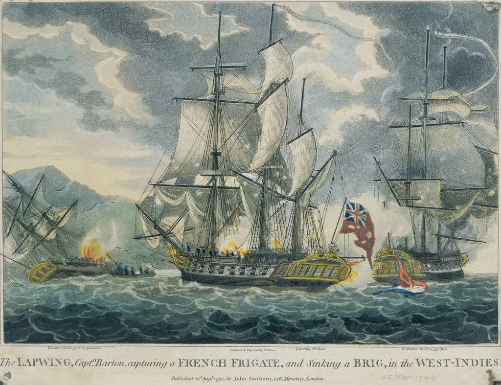Detail of Captain Barton capturing a French frigate and sinking a brig in the West-Indies by William Elmes