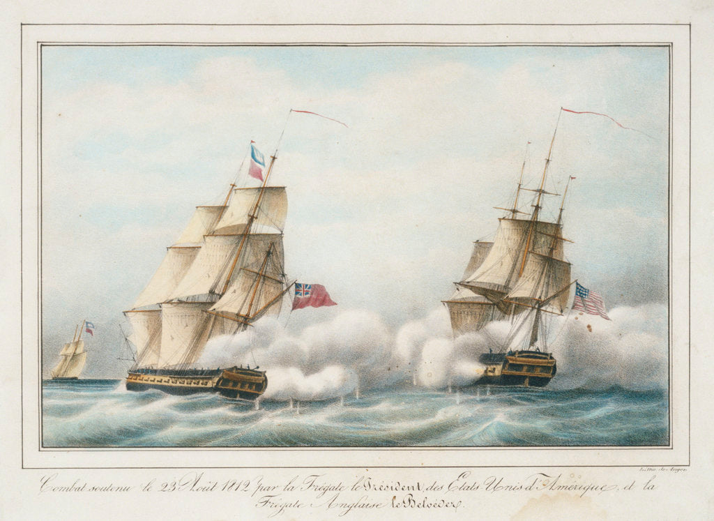 Detail of Combat soutenu le 23 Aout 1812 par la Fregate le President des Etats-Unis d' Amerique, et la Fregate Anglais le Belvedere by de Anger