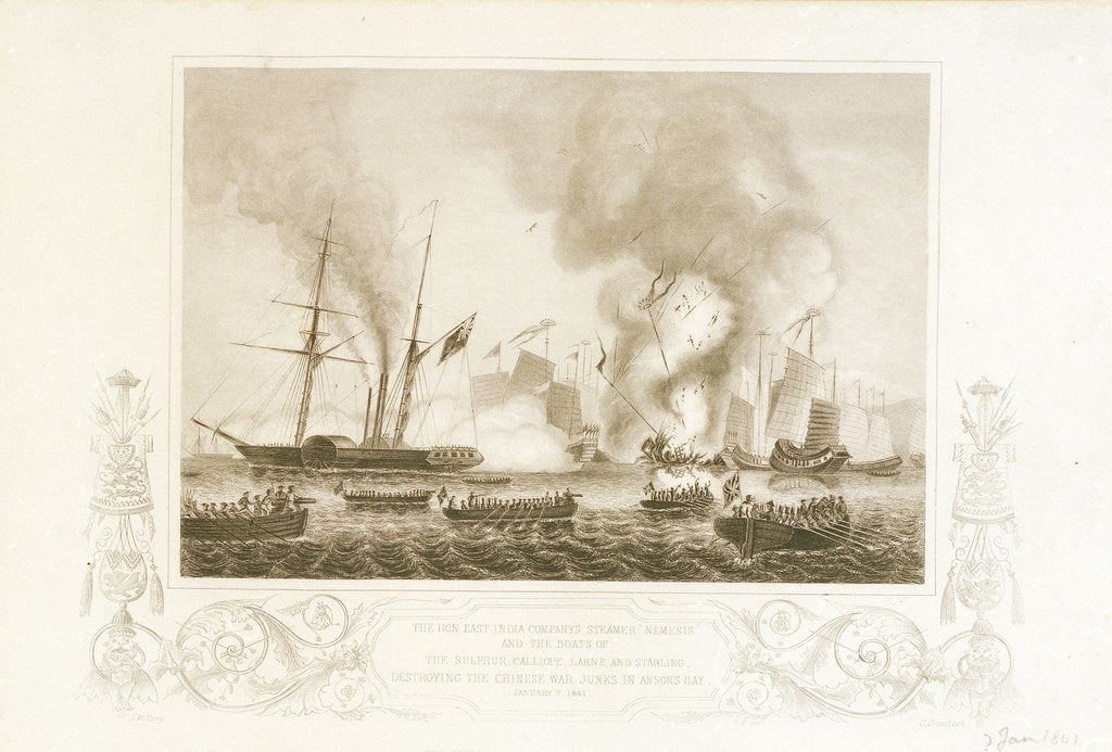 Detail of The 'Nemesis' and other boats destroying the Chinese war junks in Anson's Bay, 7 January 1841 by G.W. Terry