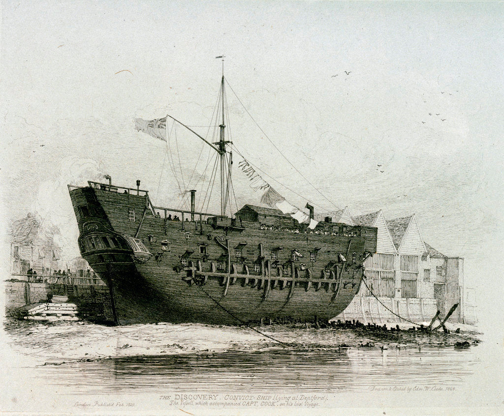 Detail of The 'Discovery' convict ship (lying at Deptford), the vessel which accompanied Captain Cook on his last voyage by Edward William Cooke