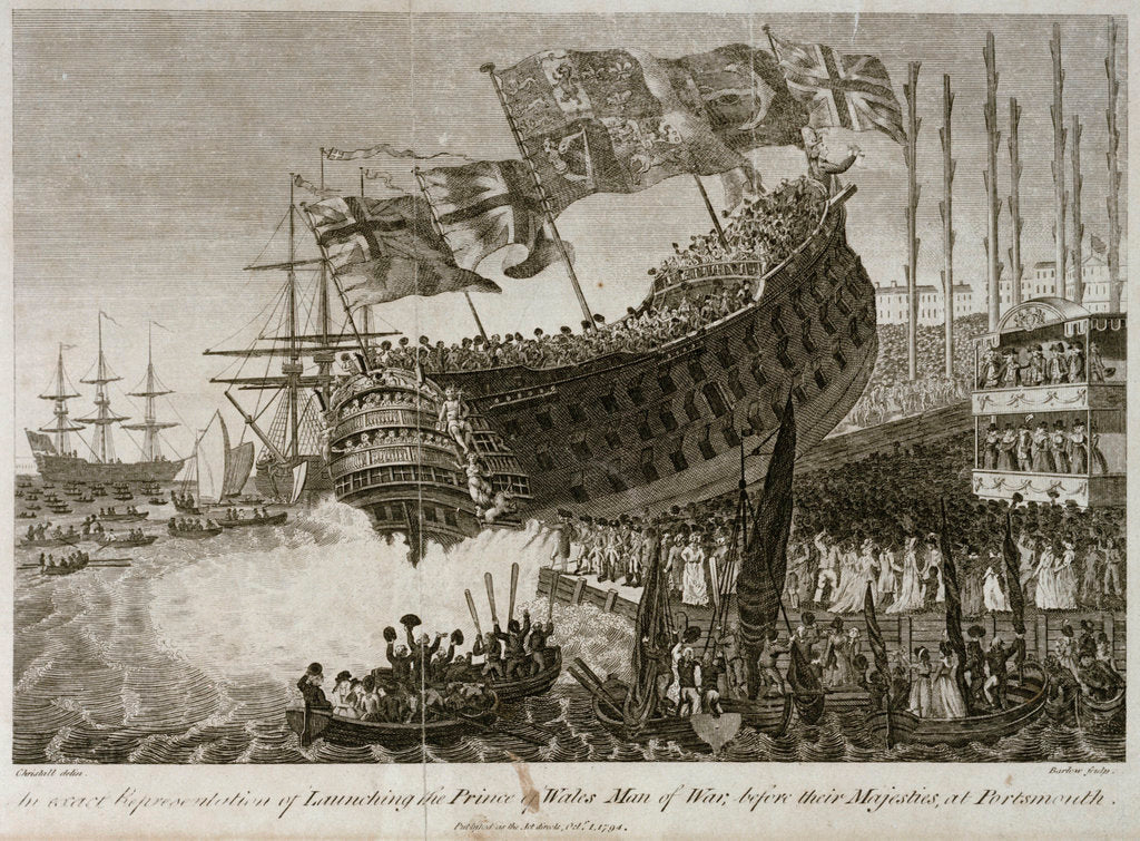 Detail of An exact Representation of Launching the Prince of Wales Man of War, before their Majesties, at Portsmouth' by Joshua Cristall