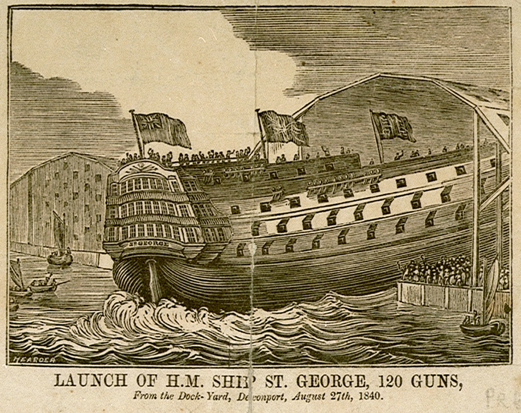 Detail of Launch of HM Ship 'St George', 120 guns, from the Dock-Yard Devonport, August 27th, 1840 by Hearder