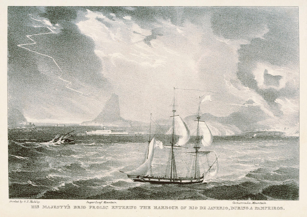 Detail of HM Brig 'Frolic' entering the harbour of Rio Janerio, during a Pampeiros. Sugar Loaf Mountain. Cochorvada Mountain by G.E. Madeley
