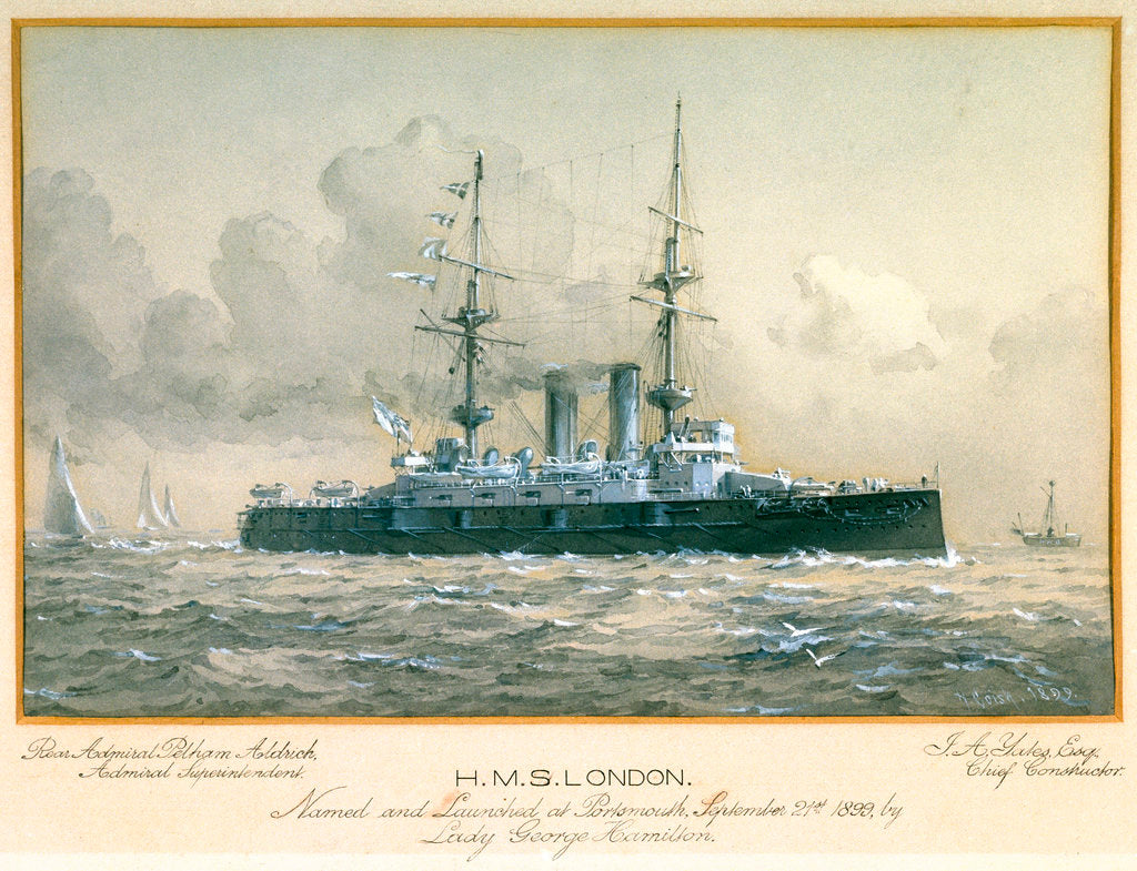 Detail of HMS 'London' Named and Launched at Portsmouth, September 21st 1899, by Lady George Hamilton. Rear Admiral Pelham Aldrich, Admiral Superintendent. J.A. Yates, Esq, Chief Constructor by H. Coish