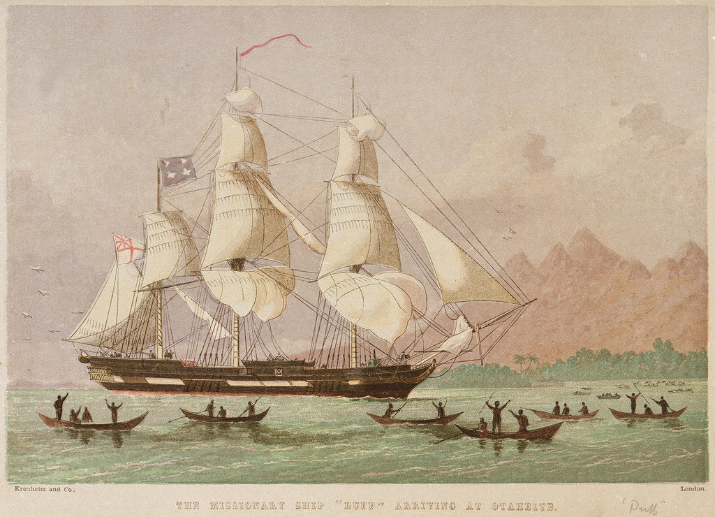 Detail of The missionary ship 'Duff' arriving at Otaheite by Kronheim & Co