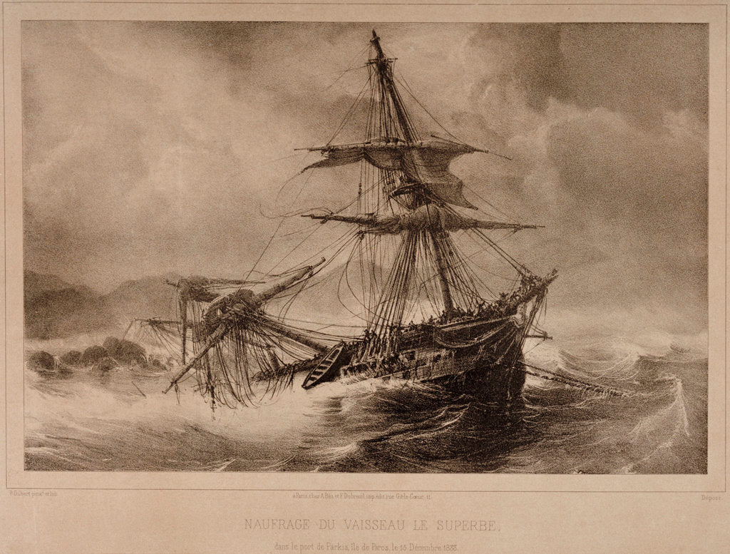 Detail of Naufrage du Vaisseau le Superbe dans le port de Paskia, ile de Paros le 15 Decembre 1833 by P. Gilbert