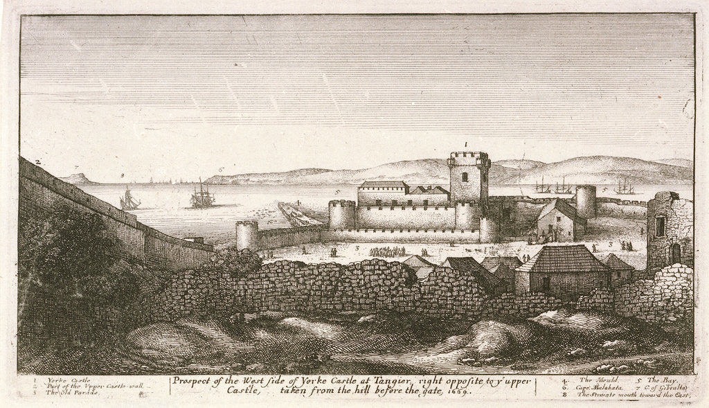 Detail of Prospect of the west side of Yorke Castle at Tangier, right opposite to y upper Castle, taken from the hill before the gate 1669 by Wenceslaus Hollar