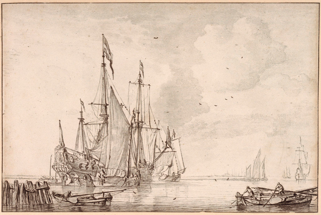 Detail of A Dutch flagship becalmed with vessels alongside by Willem Van de Velde the Younger