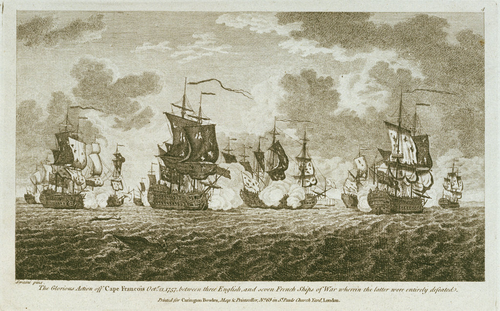 Detail of Twelve Prints of Sea Engagements.  The Glorious Action off Cape Francois Octr 21 1757, between the English, and seven French ships of War wherin the latter were entirely defeated. by Francis Swaine