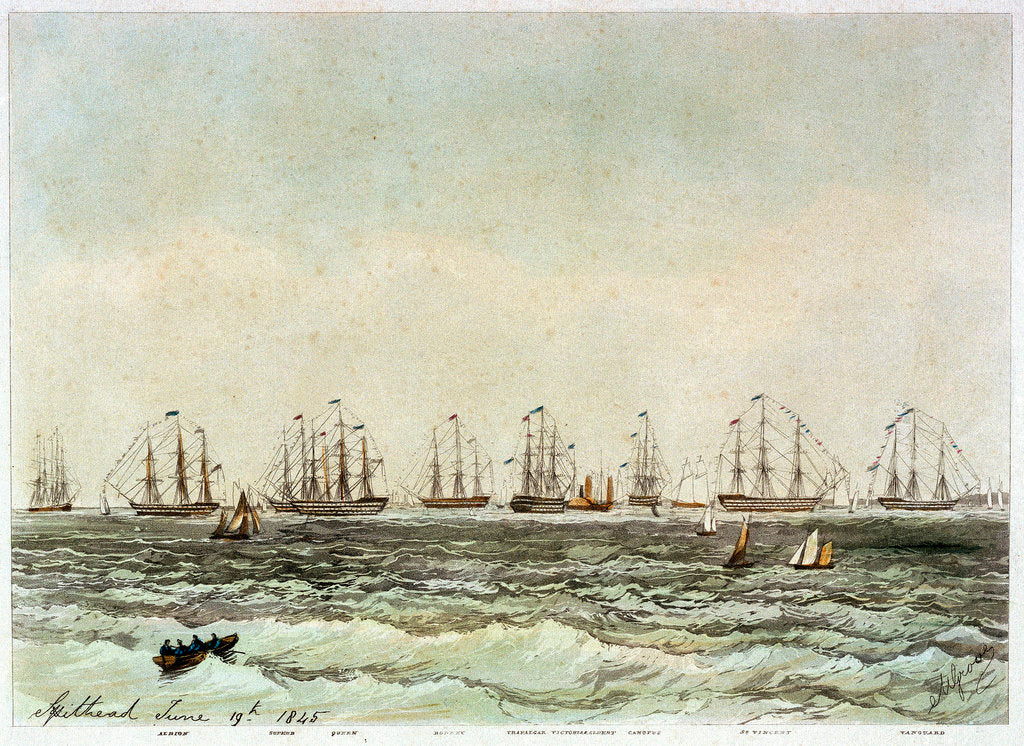 Detail of Spithead, 19 June 1845. 'Albion', 'Superb', 'Queen', 'Rodney', 'Trafalgar', 'Victoria & Albert', 'Canopus', 'St Vincent', 'Vanguard' by M. Grove