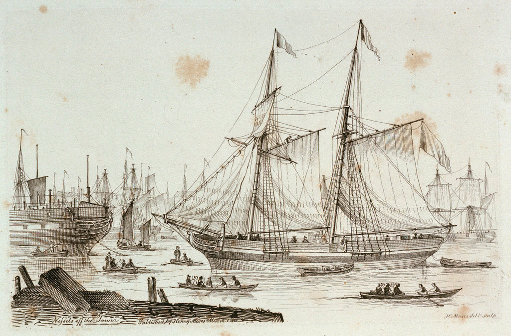 Detail of Sketches of shipping drawn and etched by Henry Moses: hulks at Sheerness by Henry Roses
