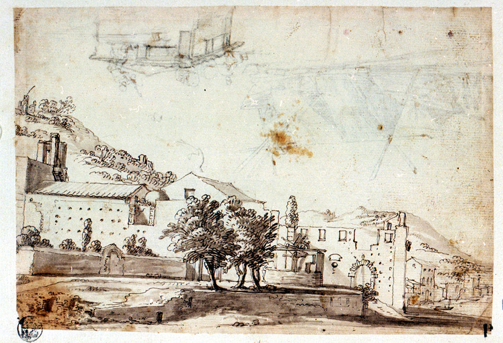 Detail of Landscape and view of village (reverse) by Abraham Casembrot
