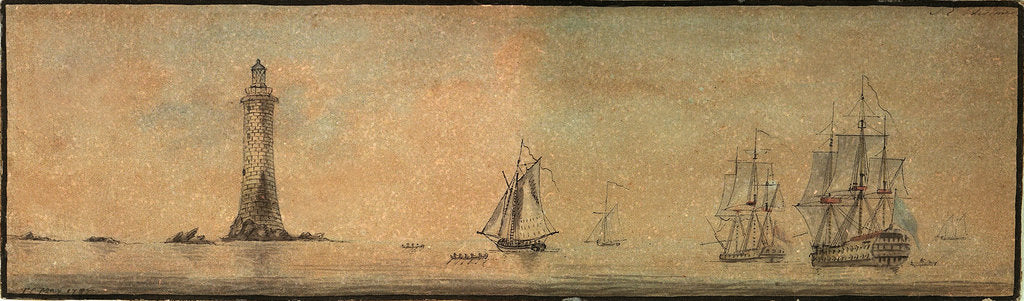 Detail of Eddystone lighthouse from the southeast, with fighting vessels by T.C. May