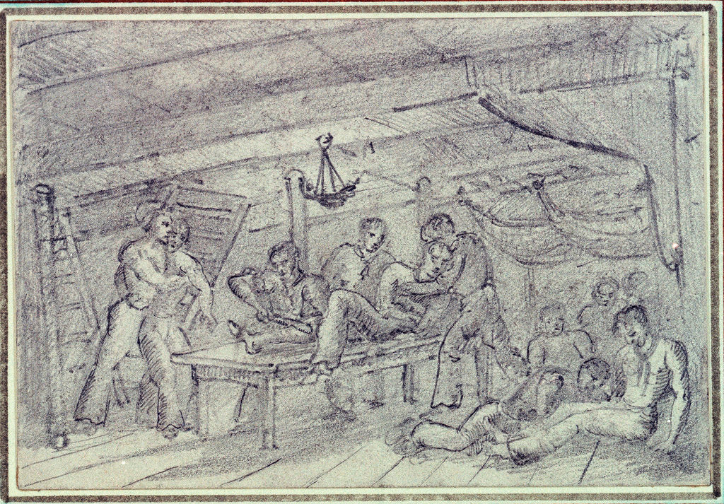 Detail of Scene below decks showing man having leg amputated by unknown