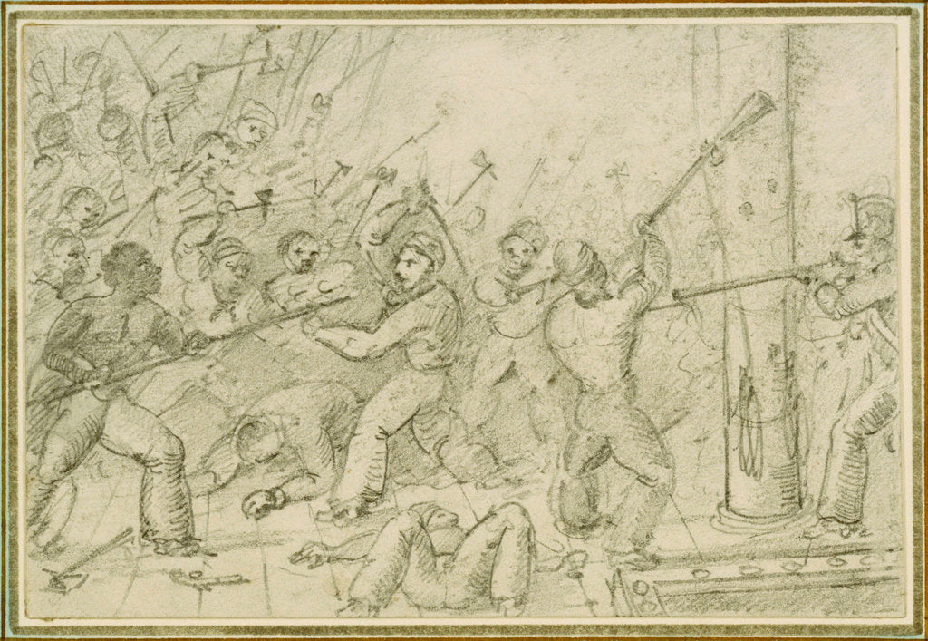 Detail of Shipboard scene of fighting on deck by unknown