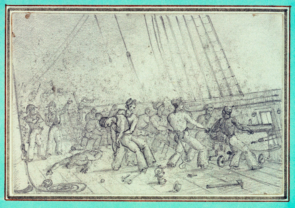 Detail of Shipboard scene of men firing canons by unknown