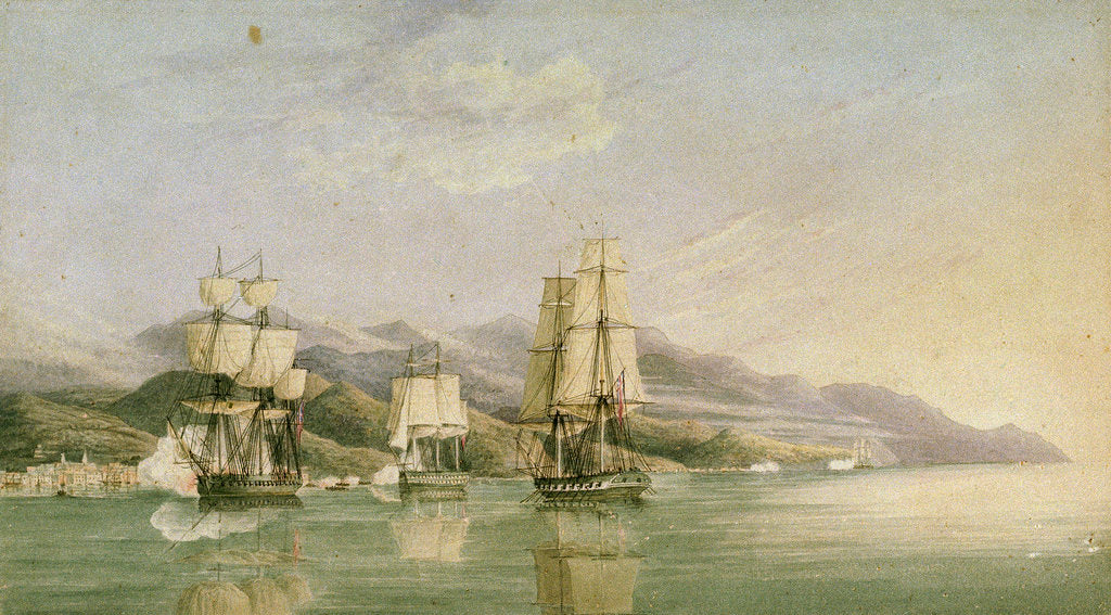 Detail of Attack on convoy of eighteen French merchant ships at Laigrelia and Alassio, 27 June 1812 by Silas Thomson Hood