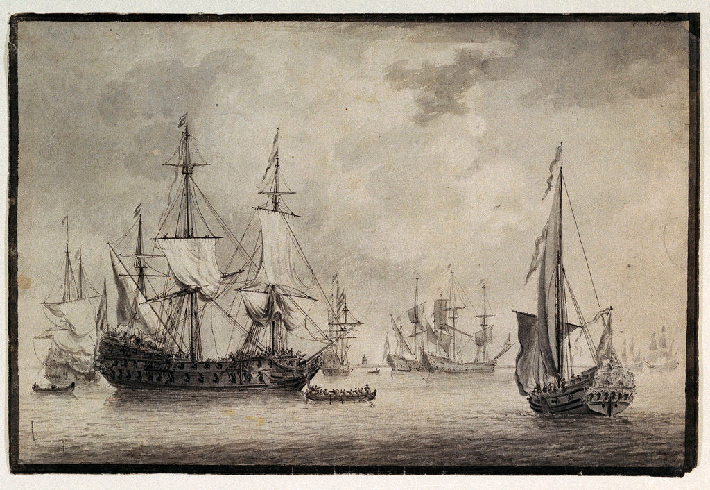 Detail of Dutch man-of-war, states yacht and distant shipping in a harbour by Charles Gore