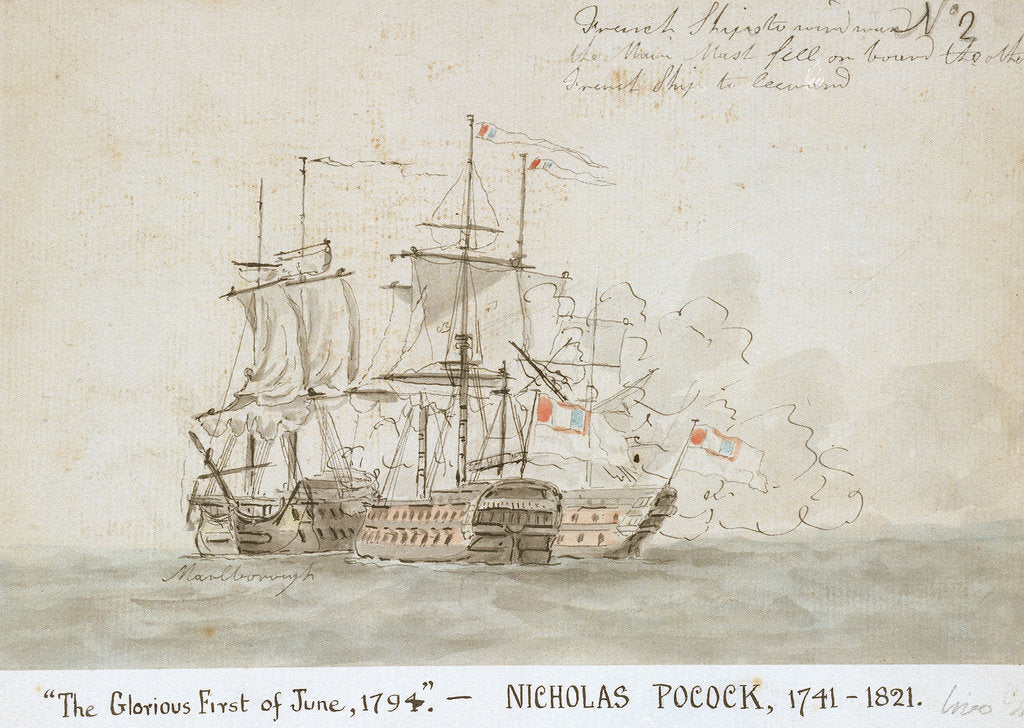 Detail of The Battle of the Glorious First of June, 1794; the 'Marlborough' engaged with two French ships (No.2) by Nicholas Pocock