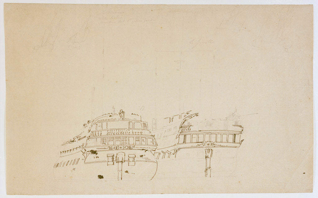 Detail of The Battle of the Glorious First of June, 1794; stern views of  the captured French ships 'L' America' and 'La Juste' by Nicholas Pocock