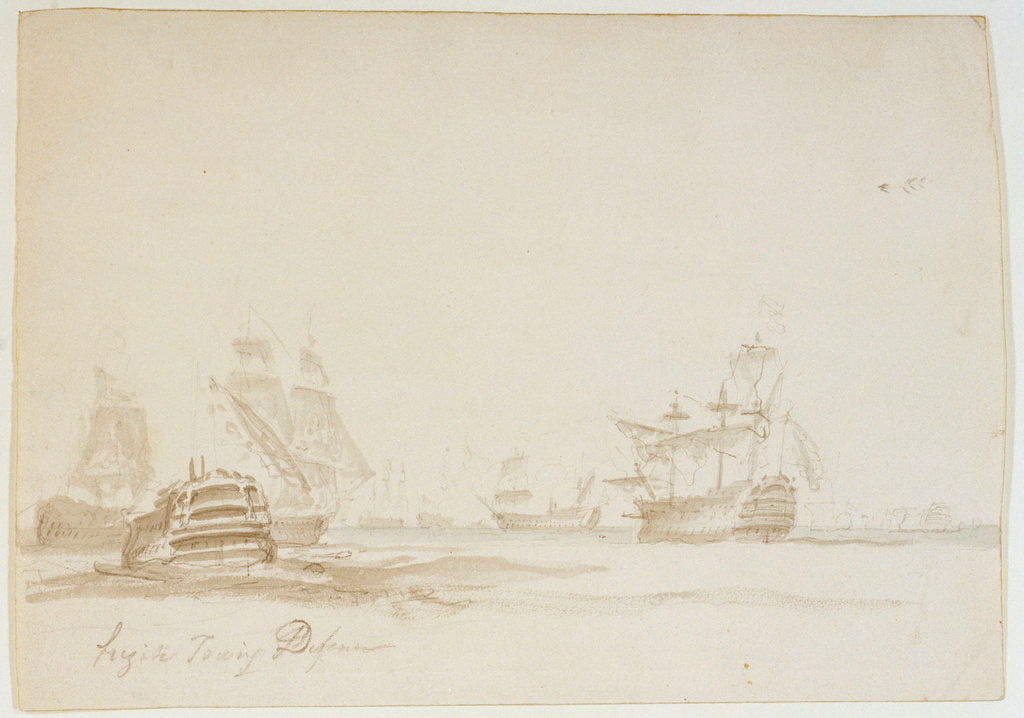 Detail of The Battle of the Glorious First of June, 1794; the 'Defence' under tow by a frigate by Nicholas Pocock