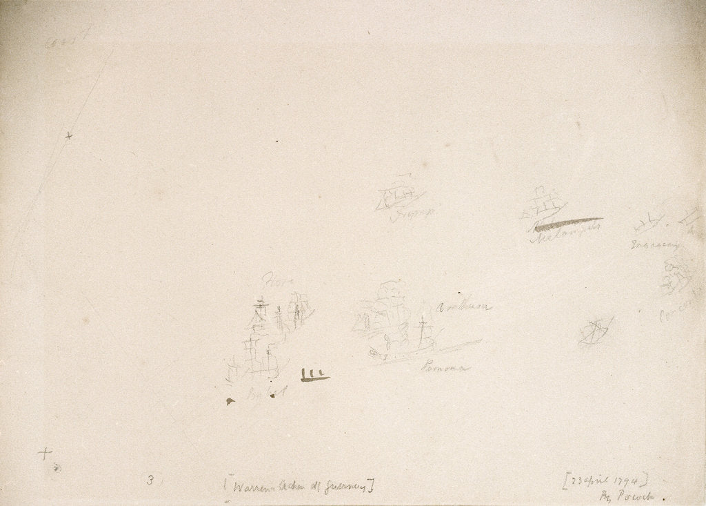 Detail of Sketch plan showing position of warships during Sir John Warren's action off the Channel Islands, 23 April 1794 by Nicholas Pocock
