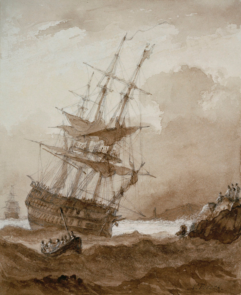 Detail of Two-decker in a gale off shore by Nicholas Pocock