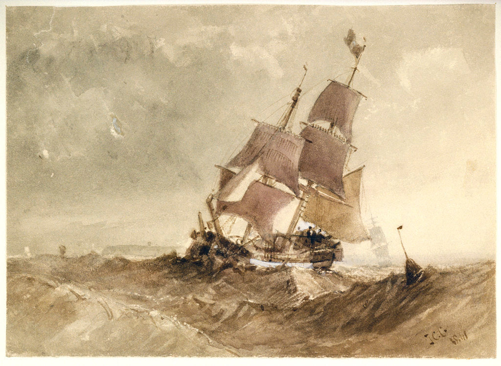 Detail of A brig in a sea with a distant coast by James Chrisholme Gooden