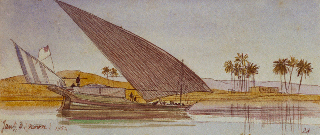 Detail of The banks of the Nile with a large gyassi passing by by Edward Lear