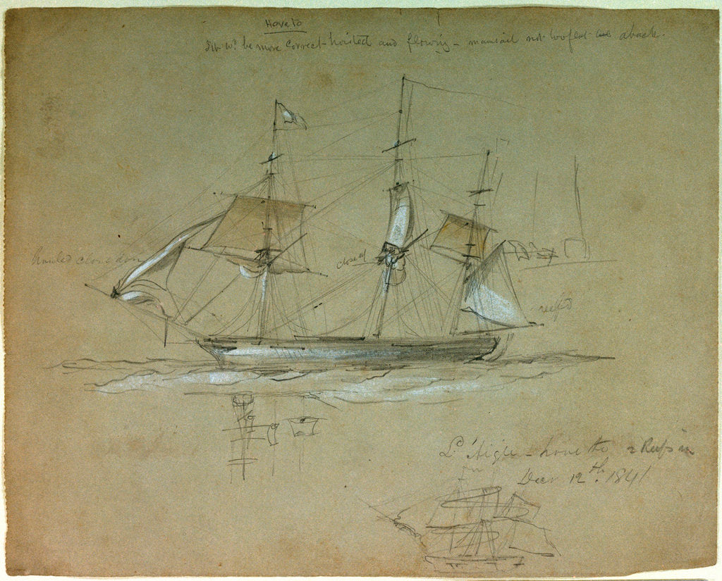 Detail of 'L' Aigle' hove to and reefs in, 12 December 1841 by Oswald Walter Brierly