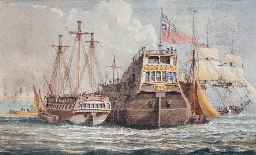 Detail of 74-gun HMS 'Odin', captured from the Danish in 1807, at anchor in Portsmouth harbour by John Christian Schetky
