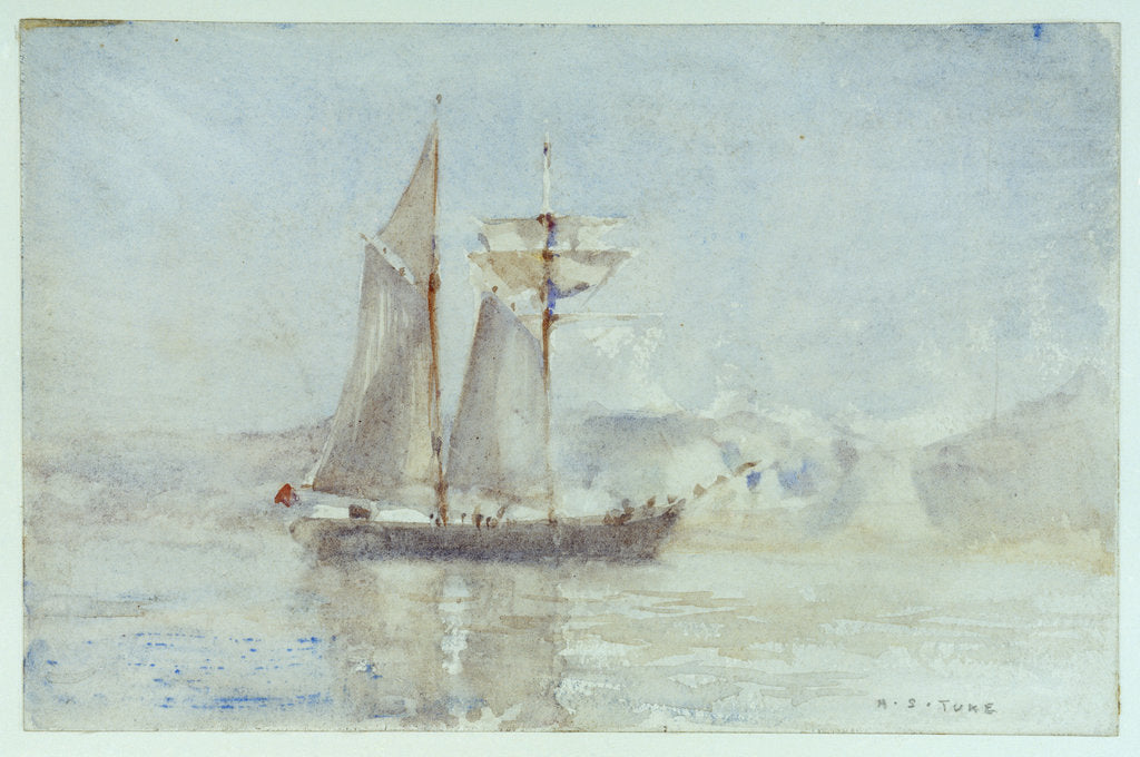 Detail of A schooner off shore by Henry Scott Tuke