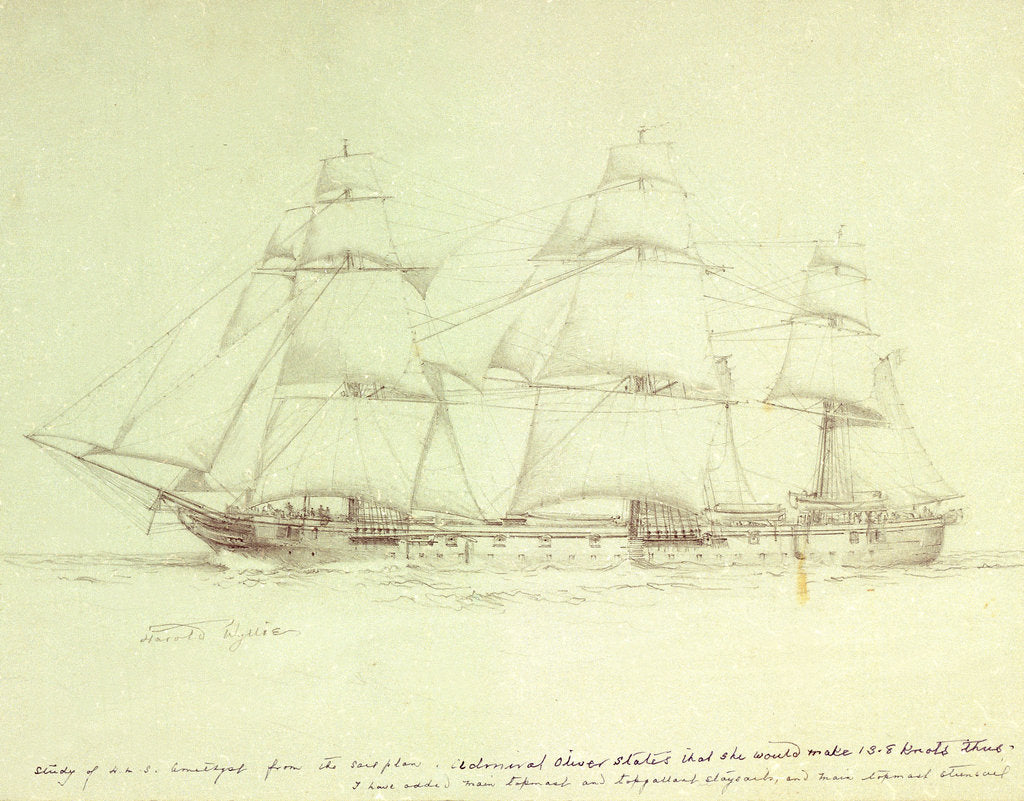 Detail of Study of HMS 'Amethyst' with notes about sail plan by William Lionel Wyllie