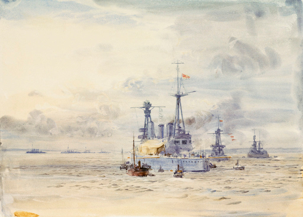 Detail of A battleship at anchor with booms extended by William Lionel Wyllie