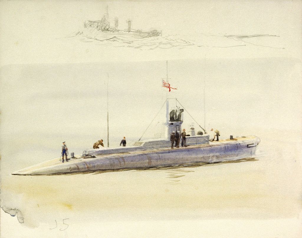 Detail of Submarine J.5 and rough sketch of another fighting vessel by William Lionel Wyllie