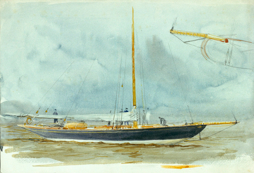 Detail of Portrait of a yacht at sea with crew on deck and detail of vessel enlarged in right-hand corner by William Lionel Wyllie