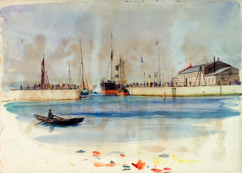 Detail of Quay with warehouse, steam vessel and figures, and rowing boat in foreground by William Lionel Wyllie