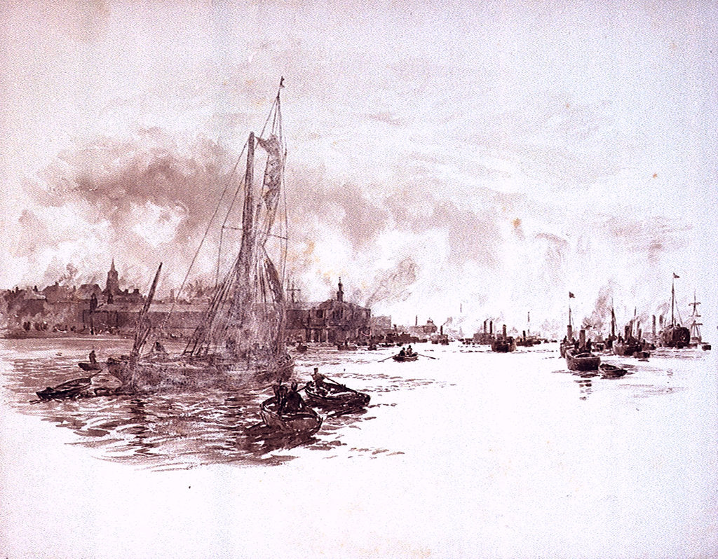 Detail of Port scene possibly London, with sailing barge and steam vessels by William Lionel Wyllie