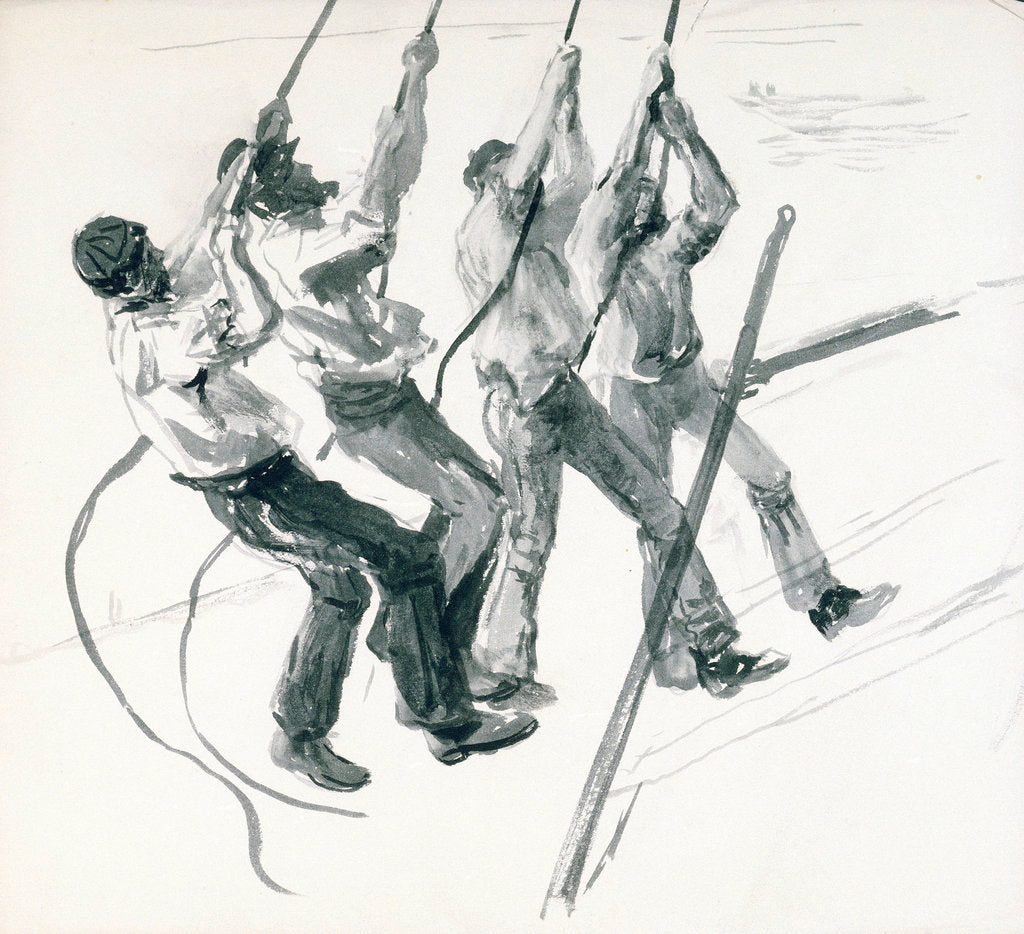 Detail of Sketch of four seamen pulling on ropes, loading coal? by William Lionel Wyllie