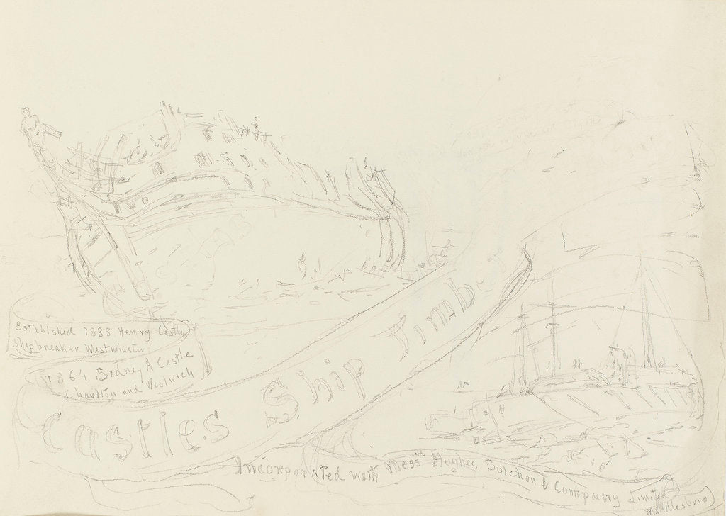 Detail of Rough sketch of an advertisement for Castles Ship Timber Co. shipbreakers by William Lionel Wyllie
