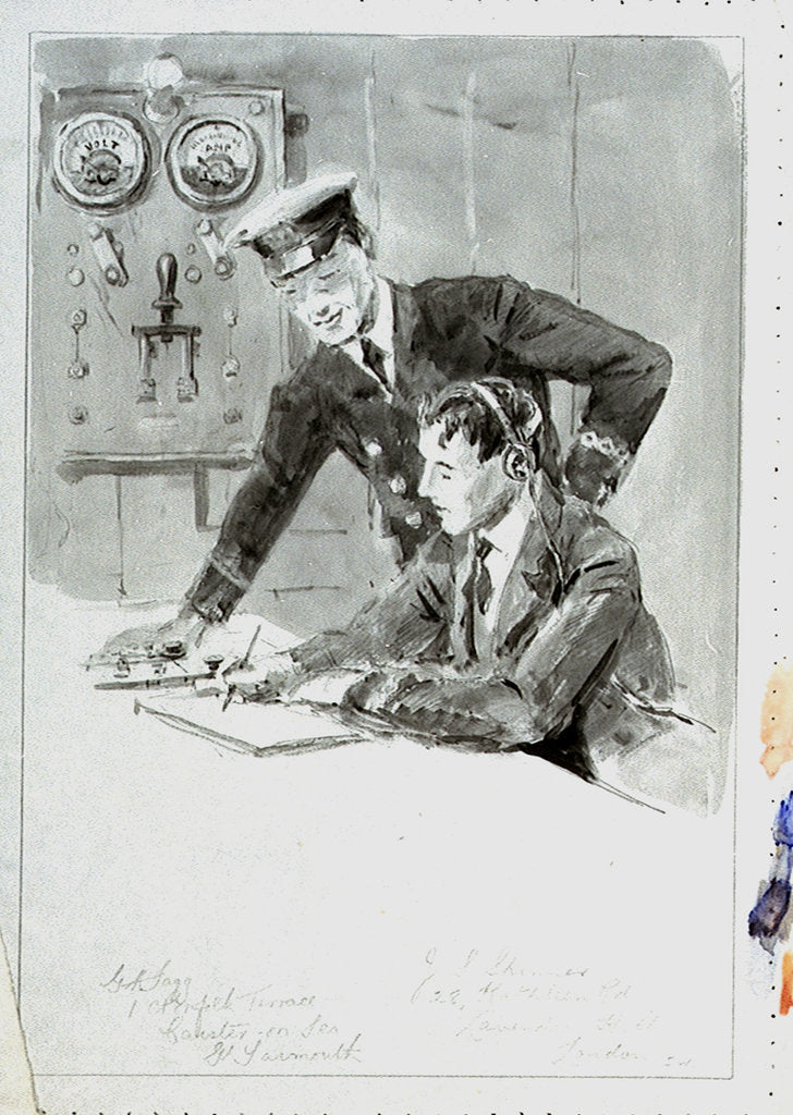 Detail of Radio operator and officer in radio room annotated with names and addresses of subjects, with the same image outlined on reverse by William Lionel Wyllie