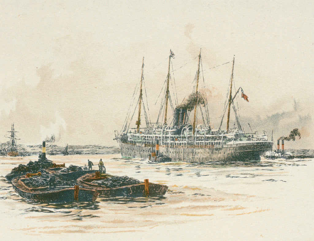 Detail of Passenger vessel 'Oruba' or 'Orotava' with barges in the foreground by William Lionel Wyllie