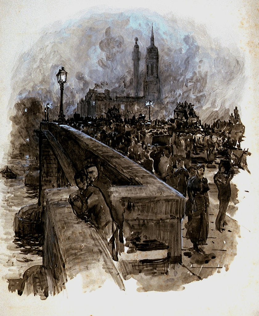 Detail of London Bridge with figures and traffic by William Lionel Wyllie