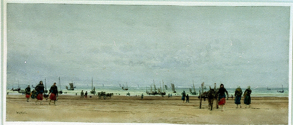 Detail of Beach scene with figures, donkey and cart, and small sailing vessels in the sea by William Lionel Wyllie