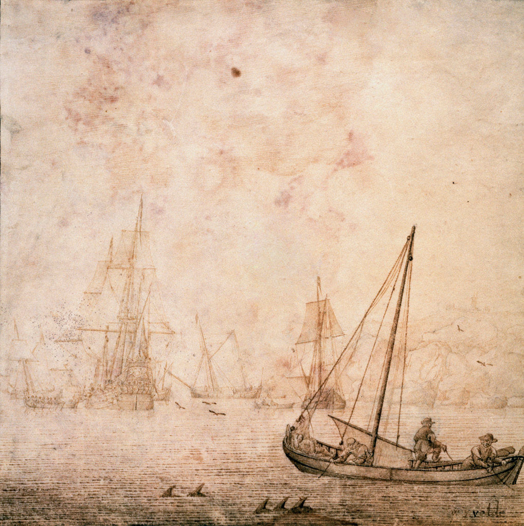 Detail of Weyschuit and other shipping near a rocky coast by Willem van de Velde the Elder