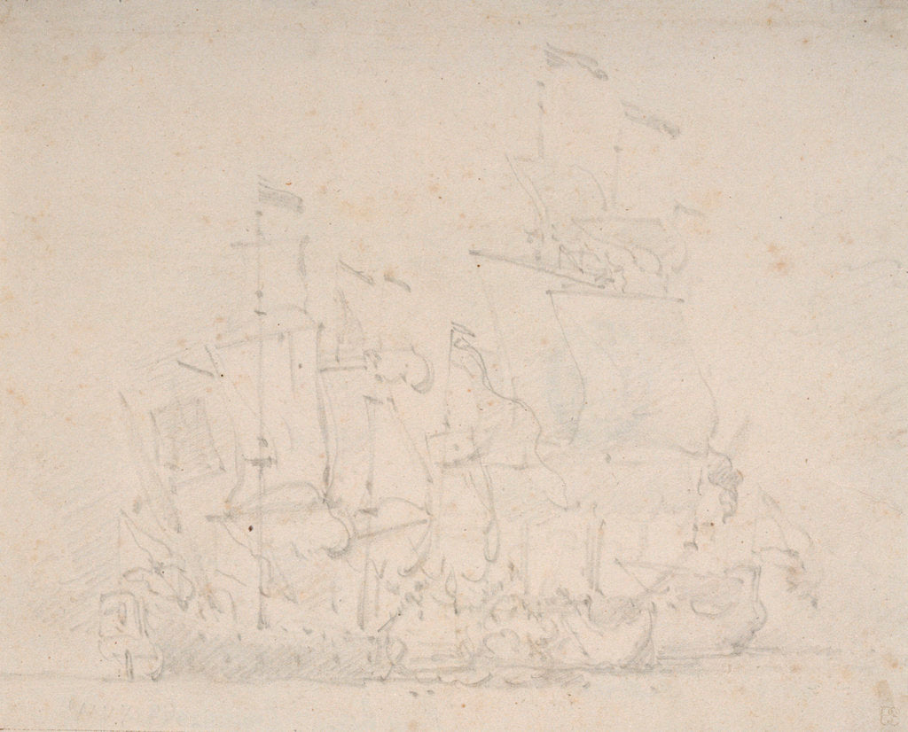 Detail of An Indiaman engaged by three Spanish privateers by Willem Van de Velde the Younger