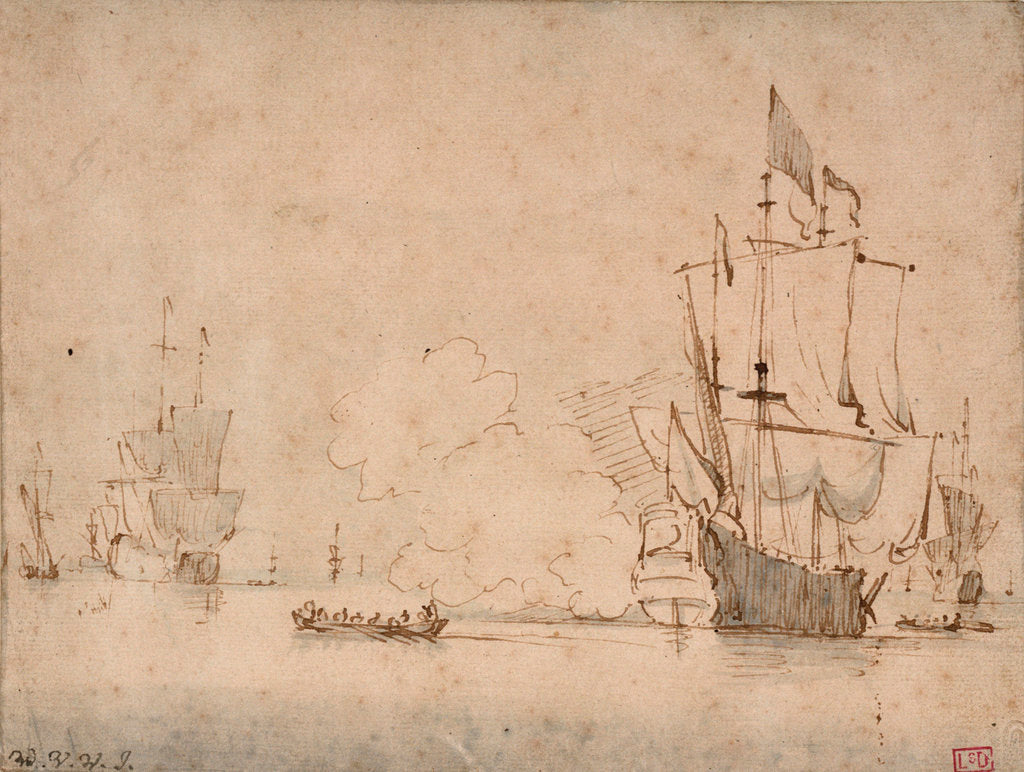 Detail of A flagship becalmed firing a salute by Willem Van de Velde the Younger
