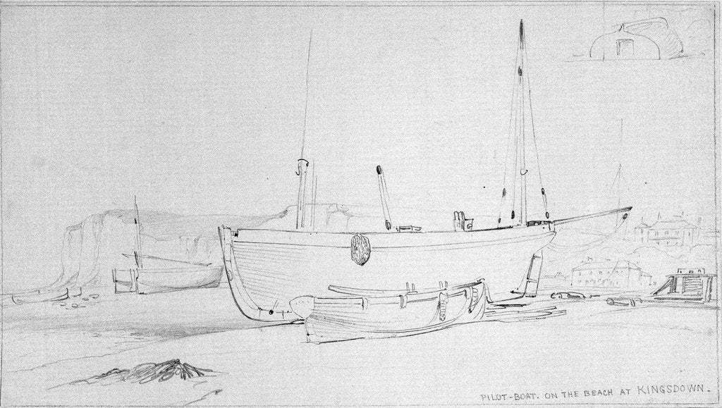 Detail of Pilot boat and other vessels beached at Kingsdown, near Deal by Edward William Cooke